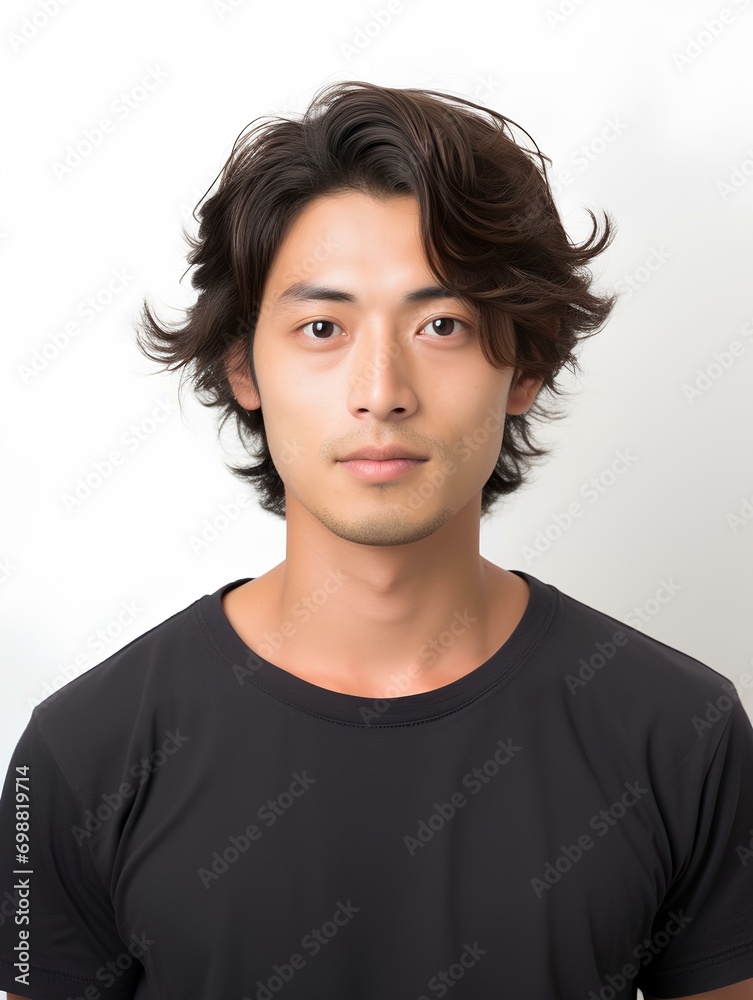 Portrait of a young japanese man, no facial expression, half body shot, facing the camera, photo, isolated white background, AI Generative Portrait of a young japanese man, no facial expression, half body shot, facing the camera, photo, isolated white background, AI Generative