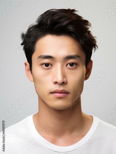 Portrait of a young japanese man, no facial expression, half body shot, facing the camera, photo, isolated white background, AI Generative
