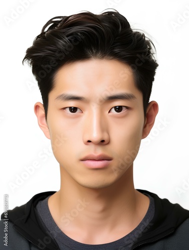Portrait of a young japanese man, no facial expression, half body shot, facing the camera, photo, isolated white background, AI Generative