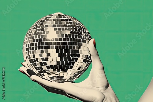 Creative contemporary collage of woman hand holding disco ball on green background. Concept of celebration, music, event 80s and 90s retro style. Trendy vintage party symbol. Creative Christmas card