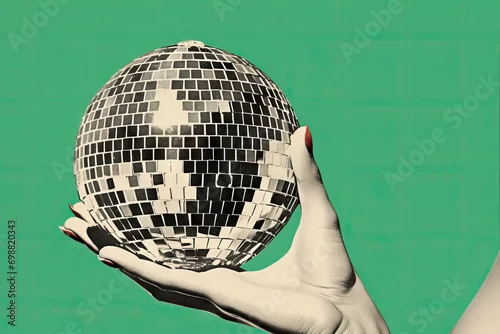 Fototapeta na wymiar Creative contemporary collage of woman hand holding disco ball on green background. Concept of celebration, music, event 80s and 90s retro style. Trendy vintage party symbol. Creative Christmas card