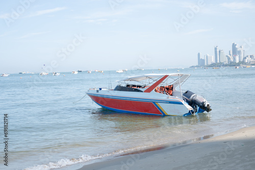Amazing Thailand high season long tail and speed boat thai and foreign tourists at pattaya beach beautiful crystal emerald green sea chonburi Thailand