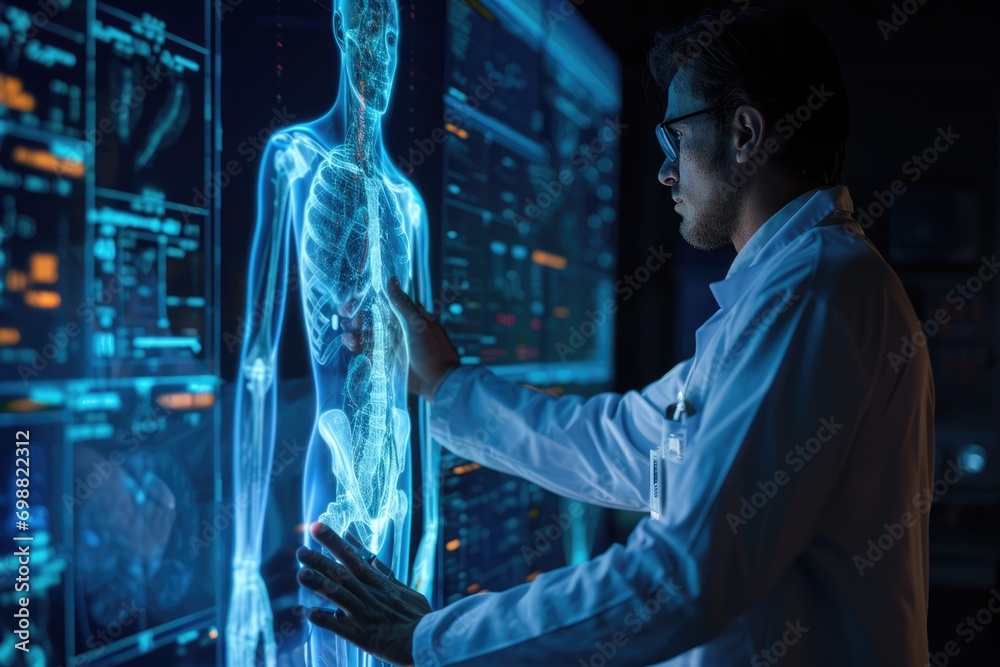 Doctor standing in front of a hologram of the human body. Concept of modern technology in healthcare and science. - obrazy, fototapety, plakaty 