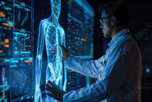 Doctor standing in front of a hologram of the human body. Concept of modern technology in healthcare and science. photo
