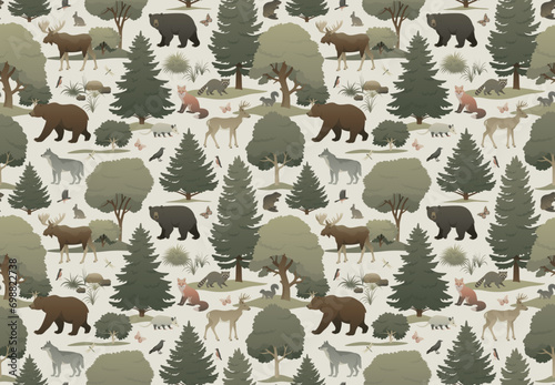 Forest animals seamless pattern. Earthy color palette illustration on light background. Wallpaper design for home decoration, fabric and print