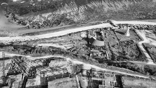 Aerial view of abandoned contruction along Pandawa Beach in Bali, Indonesia