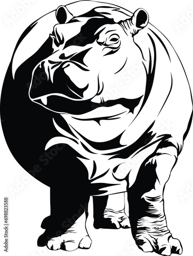 Cartoon Black and White Isolated Illustration Vector Of A Hippopotamus