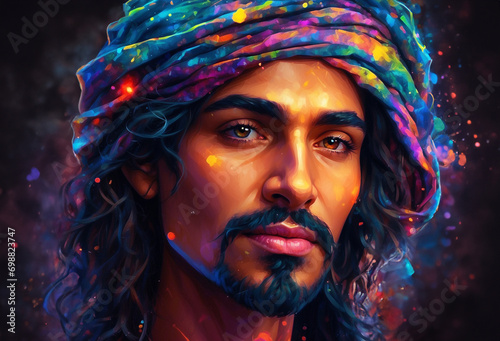 Portrait of a colorful handsome compassionate Arab man with a mustache and beard wearing a turban. photo