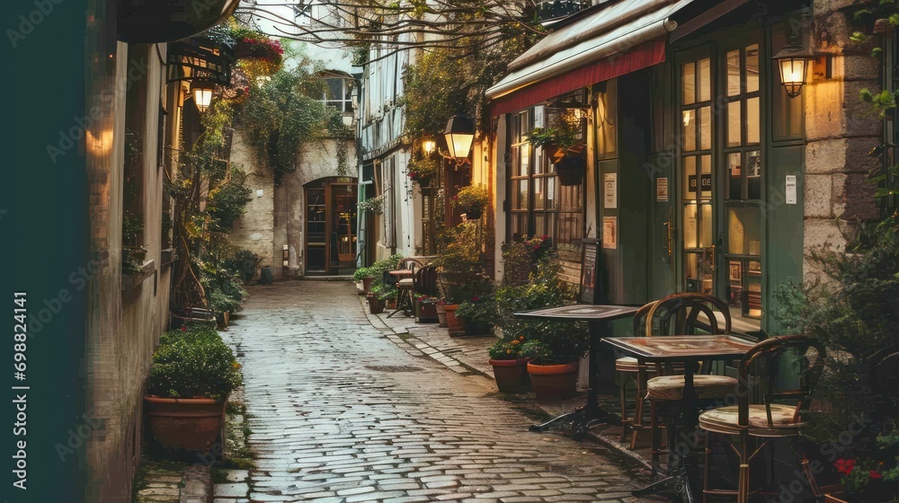 A charming European street caf with outdoor seating and a cobblestone street.