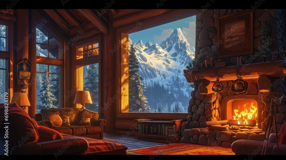 A cozy mountain lodge with a roaring fireplace and snow-capped peaks in the background.