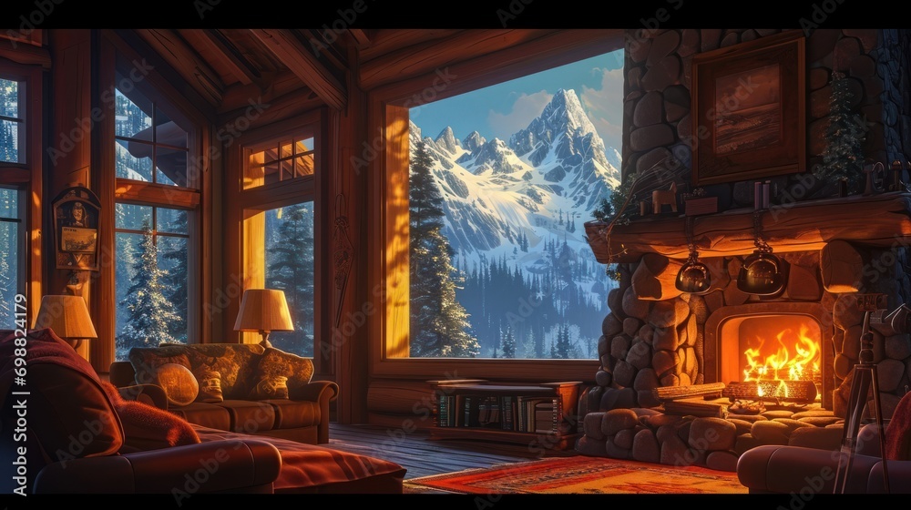 A cozy mountain lodge with a roaring fireplace and snow-capped peaks in the background. A cozy mountain lodge with a roaring fireplace and snow-capped peaks in the background.