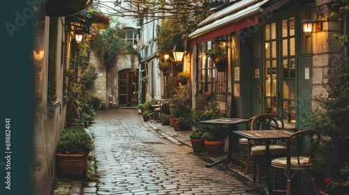 A charming European street caf with outdoor seating and a cobblestone street.