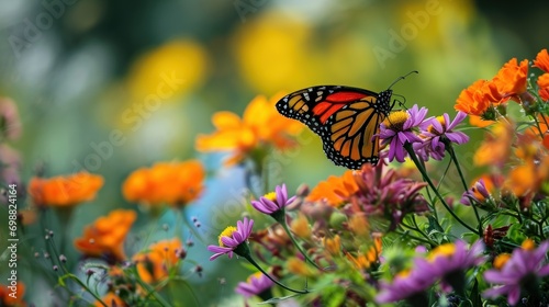 A colorful butterfly garden with a variety of flowers and species. © Bijac
