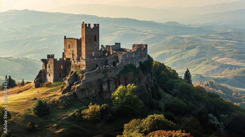 Fototapeta premium A medieval fortress on a hilltop with panoramic views of the surrounding countryside.