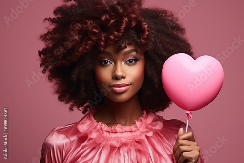 A Close-up Portrait of a Girl of African Descent with Long Curly Hair, Pink Shirt, and a Heart-shaped Pink Balloon on the Pink Background