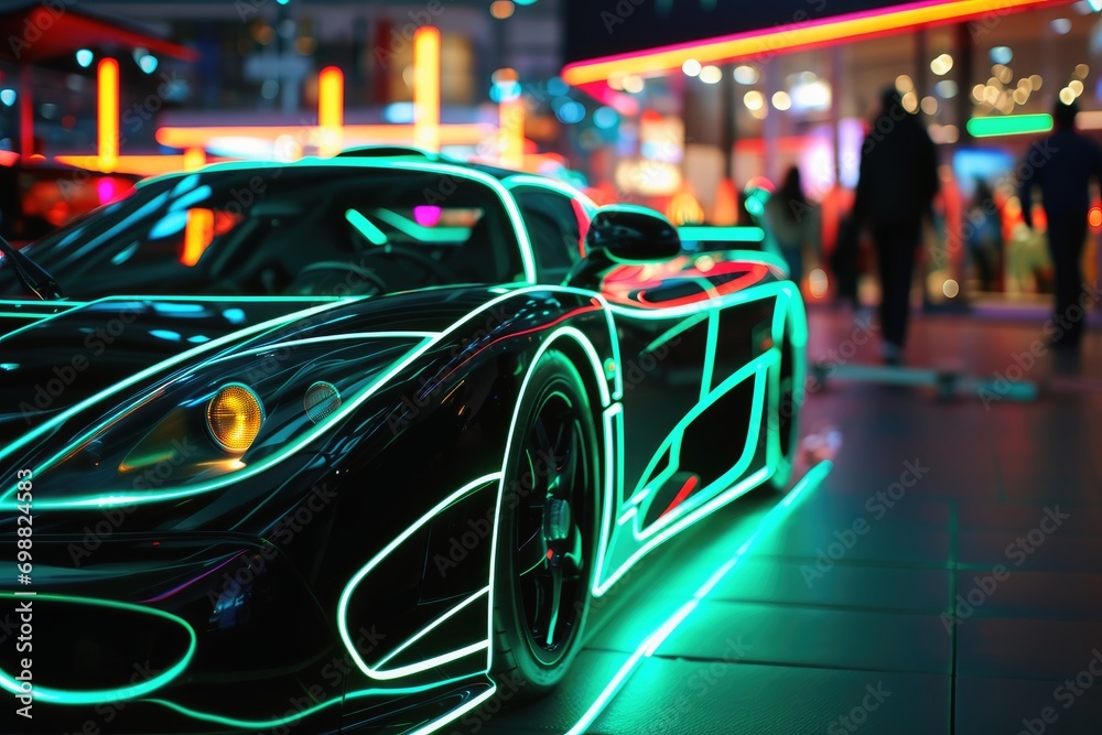 Neon light supercar at a car show.