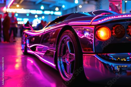 Neon light supercar at a car show.