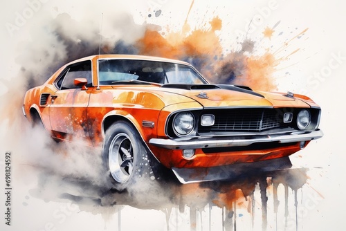 Watercolor of a muscle car on white.