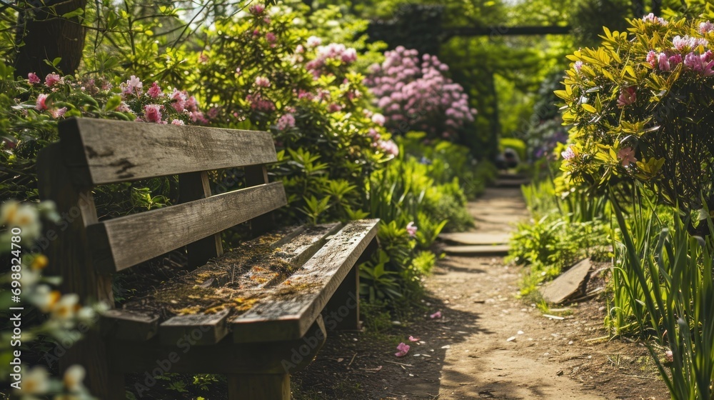 Spring garden with blooming flowers and a wooden bench. Spring garden with blooming flowers and a wooden bench.