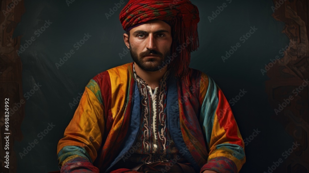 Obraz premium person wearing a Georgian Chokha, showcasing vibrant colors and patterns generative ai