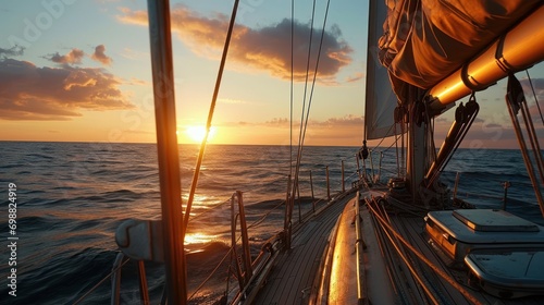 A sunset sailing trip on a calm sea with a view of the horizon.