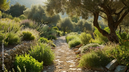 A traditional Mediterranean garden with olive trees, stone paths, and fragrant herbs.