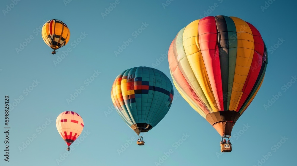 Fototapeta premium Brightly colored hot air balloons floating in a clear blue sky.