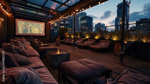 An urban rooftop cinema with a large screen and a view of the city skyline.