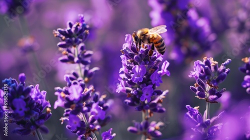 Close-up of a bee pollinating vibrant purple lavender flowers.