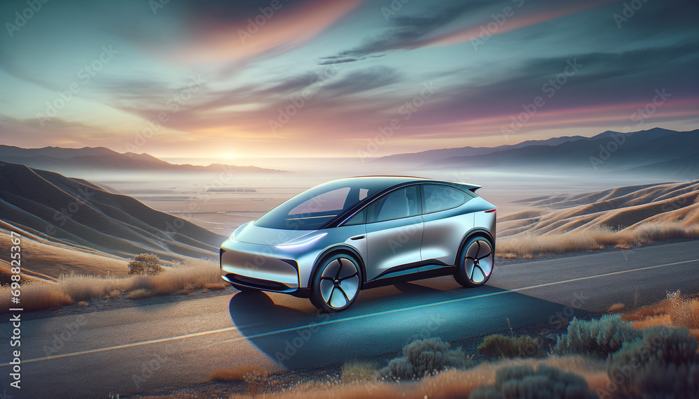 Sleek electric vehicle parked at scenic overlook with futuristic design