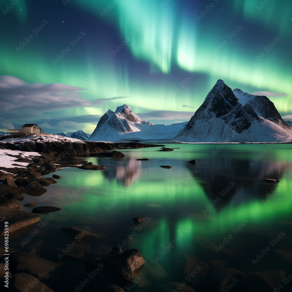 Aurora borealis, northern lights over the sea and mountains