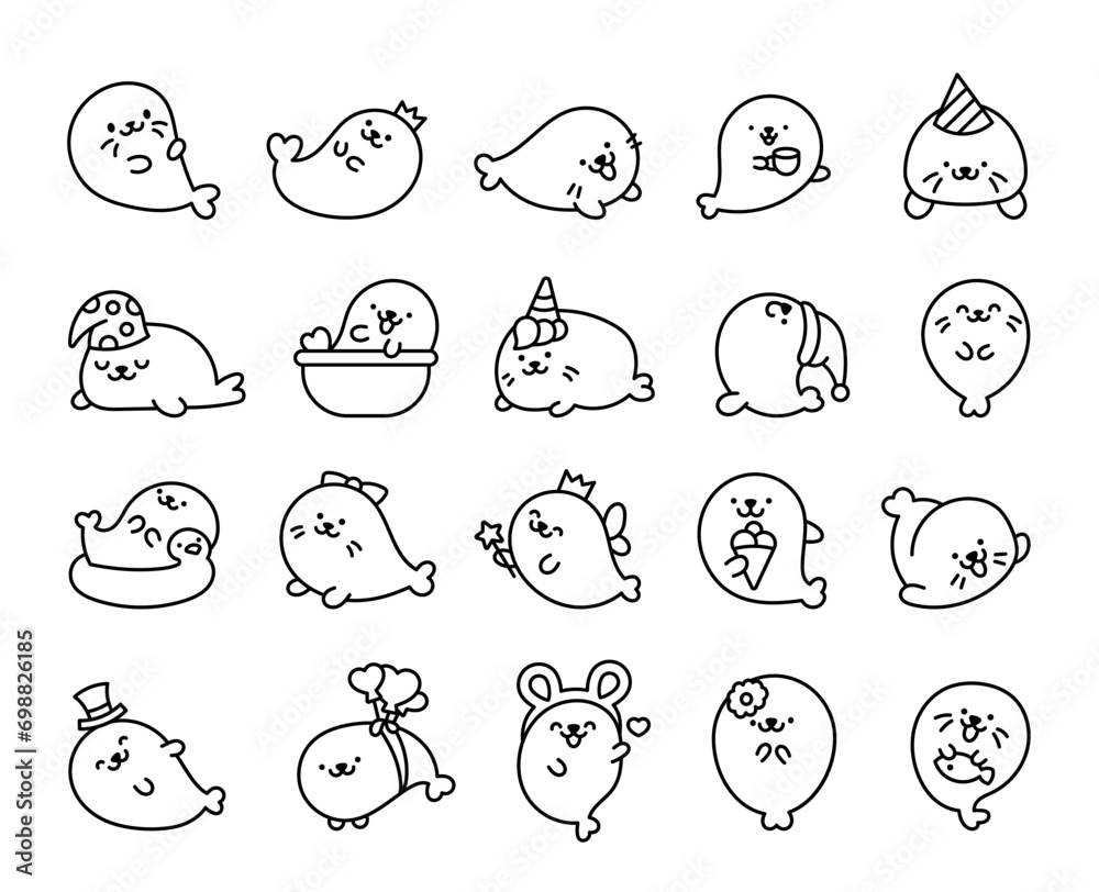 Cute kawaii baby seals. Coloring Page. Funny cartoon characters arctic