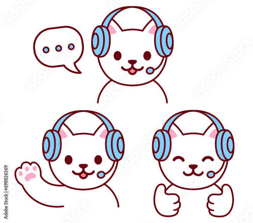 Cute cartoon cat character in headset vector illustration set. Customer support help desk or live stream chat.