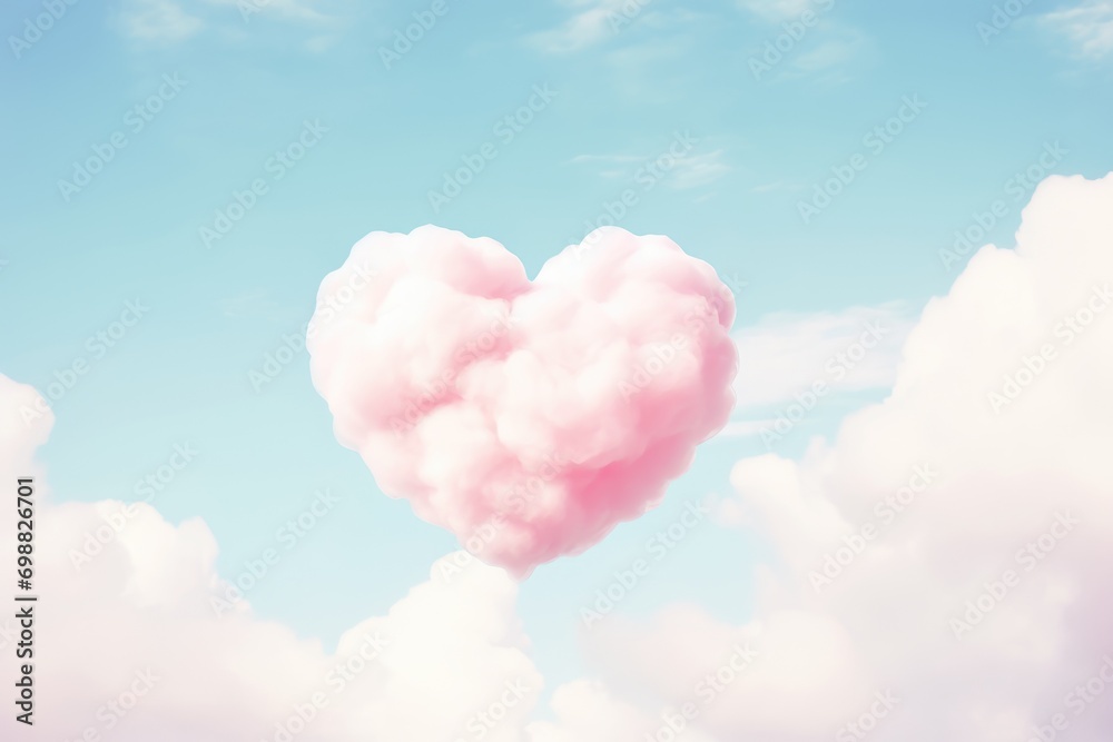 Pink fluffy heart cloud on blue sky. Beautiful romantic love background with copy space. Valentine Day, wedding, mother's day concept. Design for greeting card, flyer, banner, poster Pink fluffy heart cloud on blue sky. Beautiful romantic love background with copy space. Valentine Day, wedding, mother's day concept. Design for greeting card, flyer, banner, poster