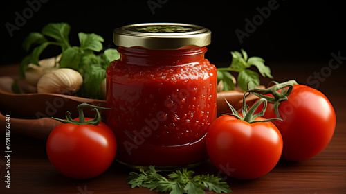 Red tomato sauce in a wooden spoon and ingredients. Tomato, Sauce, Homemade, Ingredient, Table. 