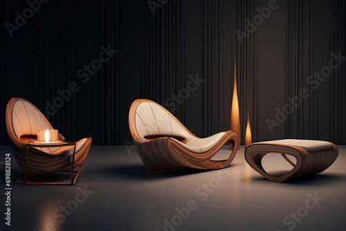 Wooden armchair with burning candle in the dark room. 3D rendering