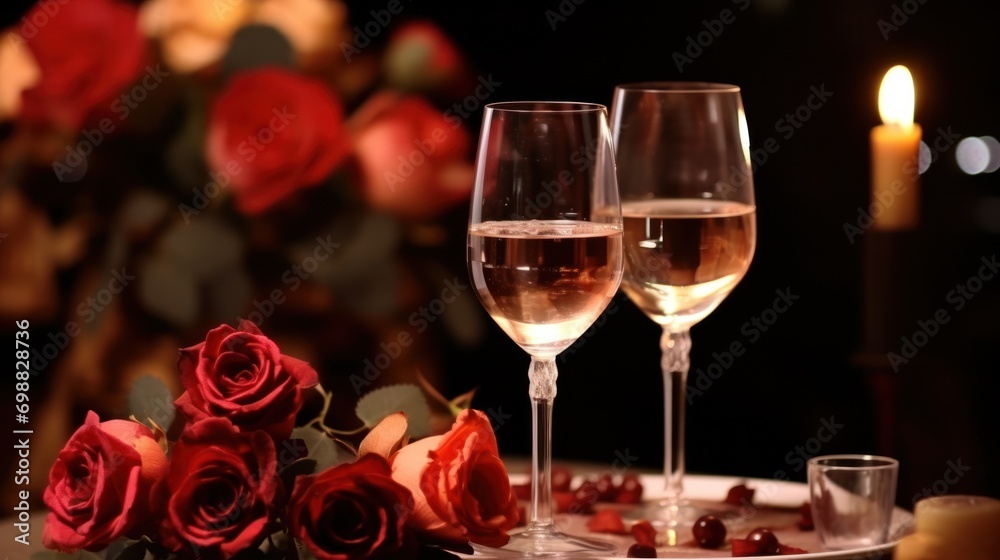 Elegant dinner setting with wine glasses and roses. Romantic evening. Elegant dinner setting with wine glasses and roses. Romantic evening.