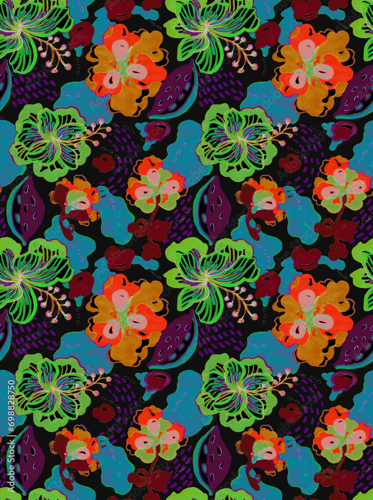 Drawn Floral in Deep Rich Colors Seamless Pattern
