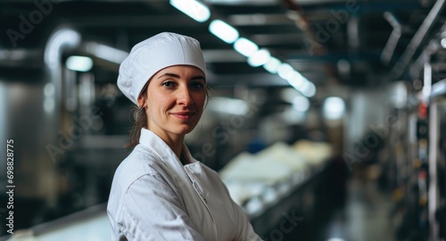 Confident entrepreneur overseeing dairy production line in a factory