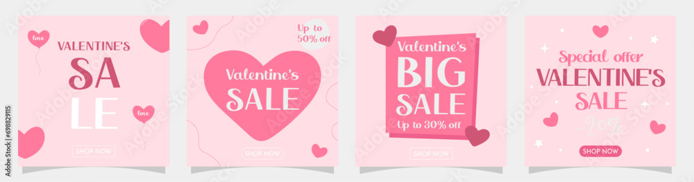 Valentine’s square banner template set. Romantic and trendy templates for sale on social media. Vector illustrations with text, love elements, and modern layout ideal for greeting cards,  posts, apps.