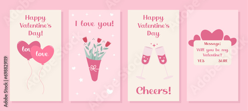 Set of templates for Valentine’s day. For social media stories, backgrounds, banners, web. Flowers, balloons, message, question. Vector illustrations with text and love elements.