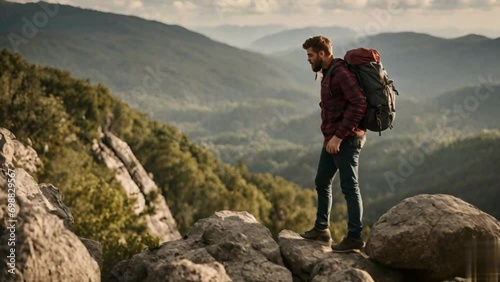 Man hiking in the mountains photo