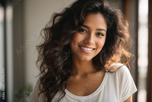 Portrait of a beautiful young latin model woman smiling on a white background.