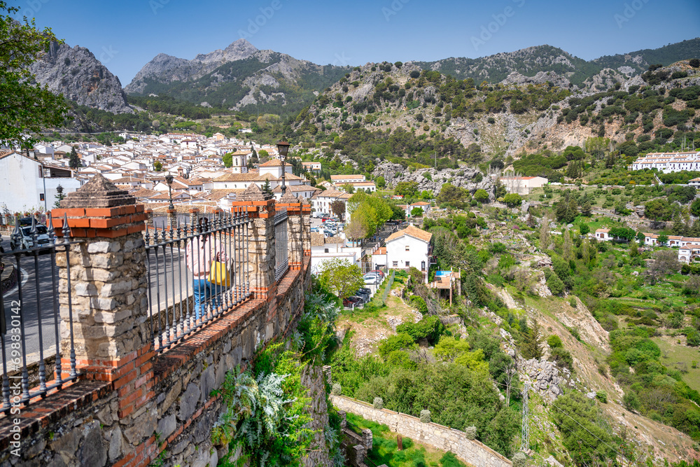 Grazalema, Spain - April 9, 2023: City medieval streets and white homes on a beautiful sunny day