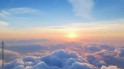 Sunset with blue sky . yellow and blue sky above clouds sunrise.retro vintage filter effect Generative AI photo