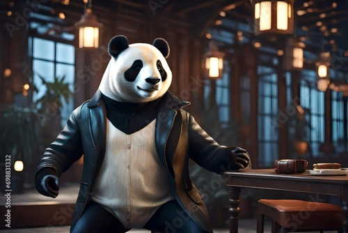 funny panda with stylish clothes ,3d style , ultra realistic ,very detailed ,concept art , cinematic background 