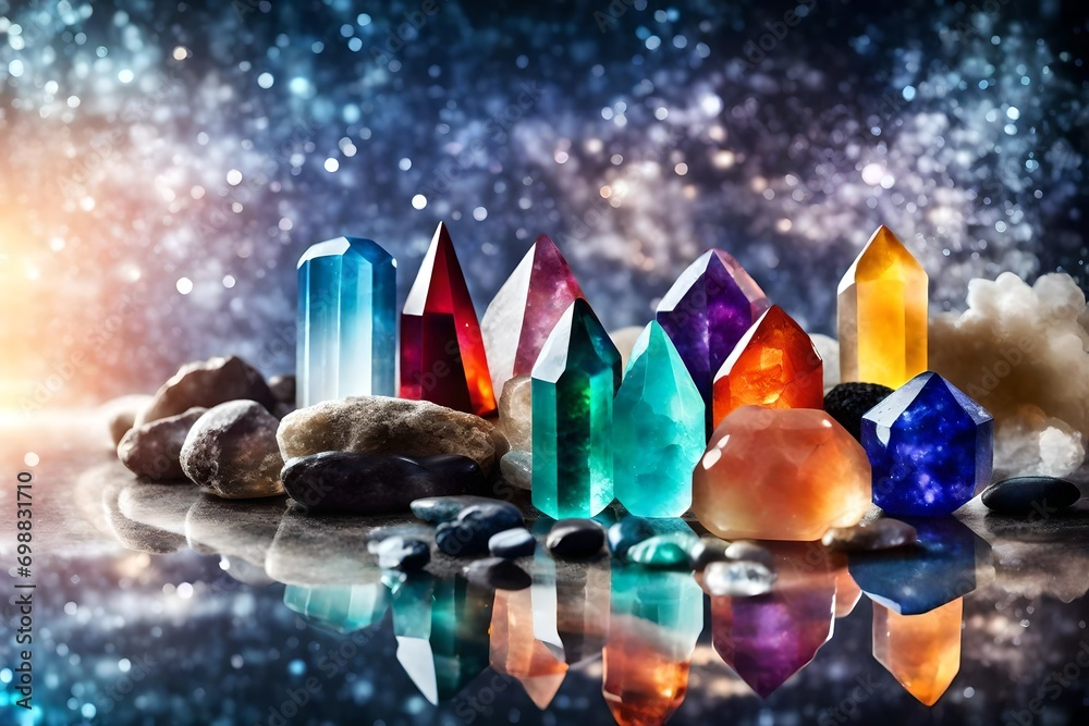 Group of colourful healing crystals on mystical glowing background with copy space - - obrazy, fototapety, plakaty 