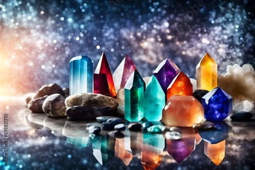 Group of colourful healing crystals on mystical glowing background with copy space - photo