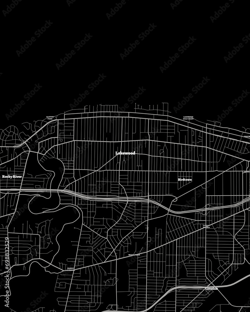Lakewood Ohio Map, Detailed Dark Map of Lakewood Ohio Stock