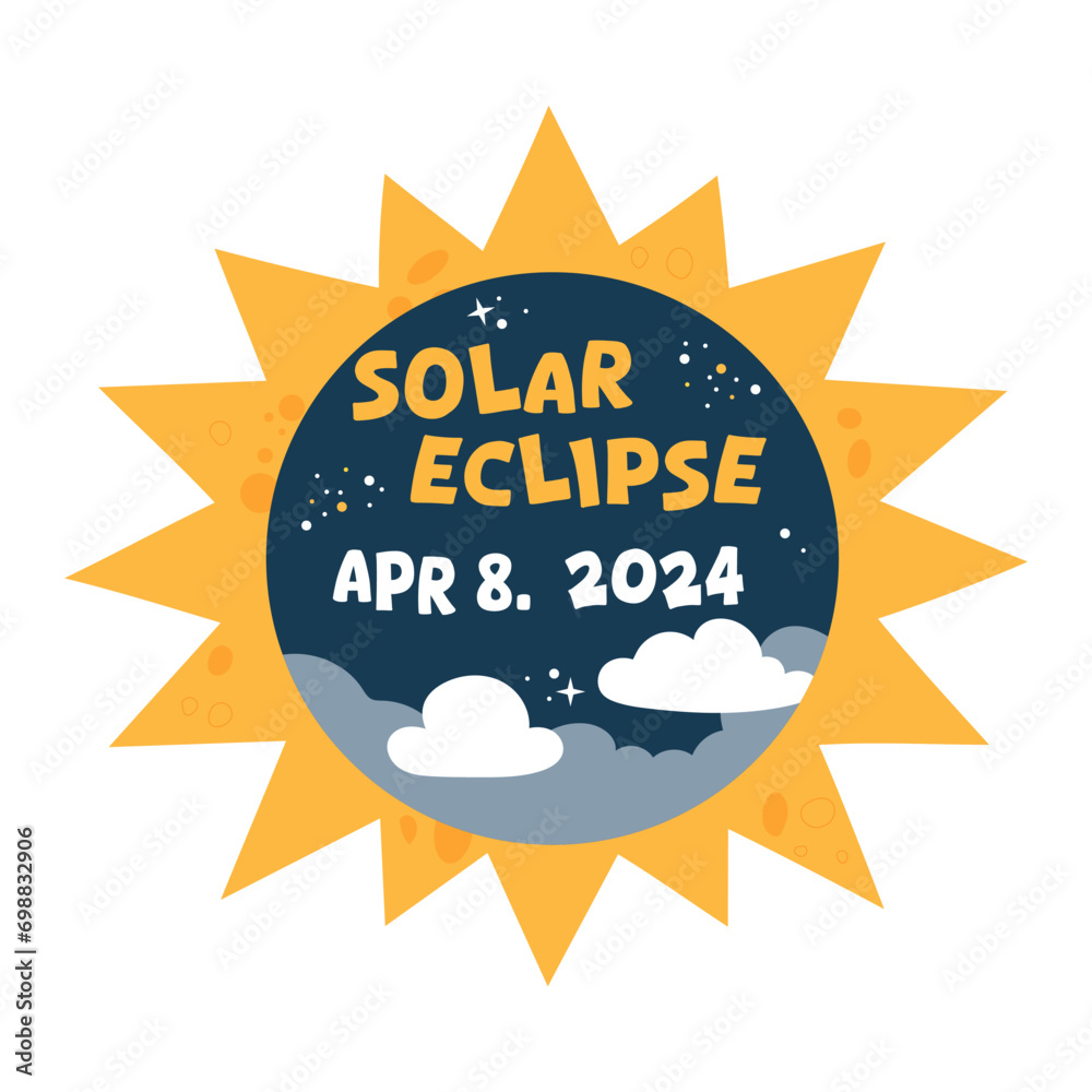 Hand drawn banner solar eclipse 8 april 2024. Vector design with sun, sky and stars.